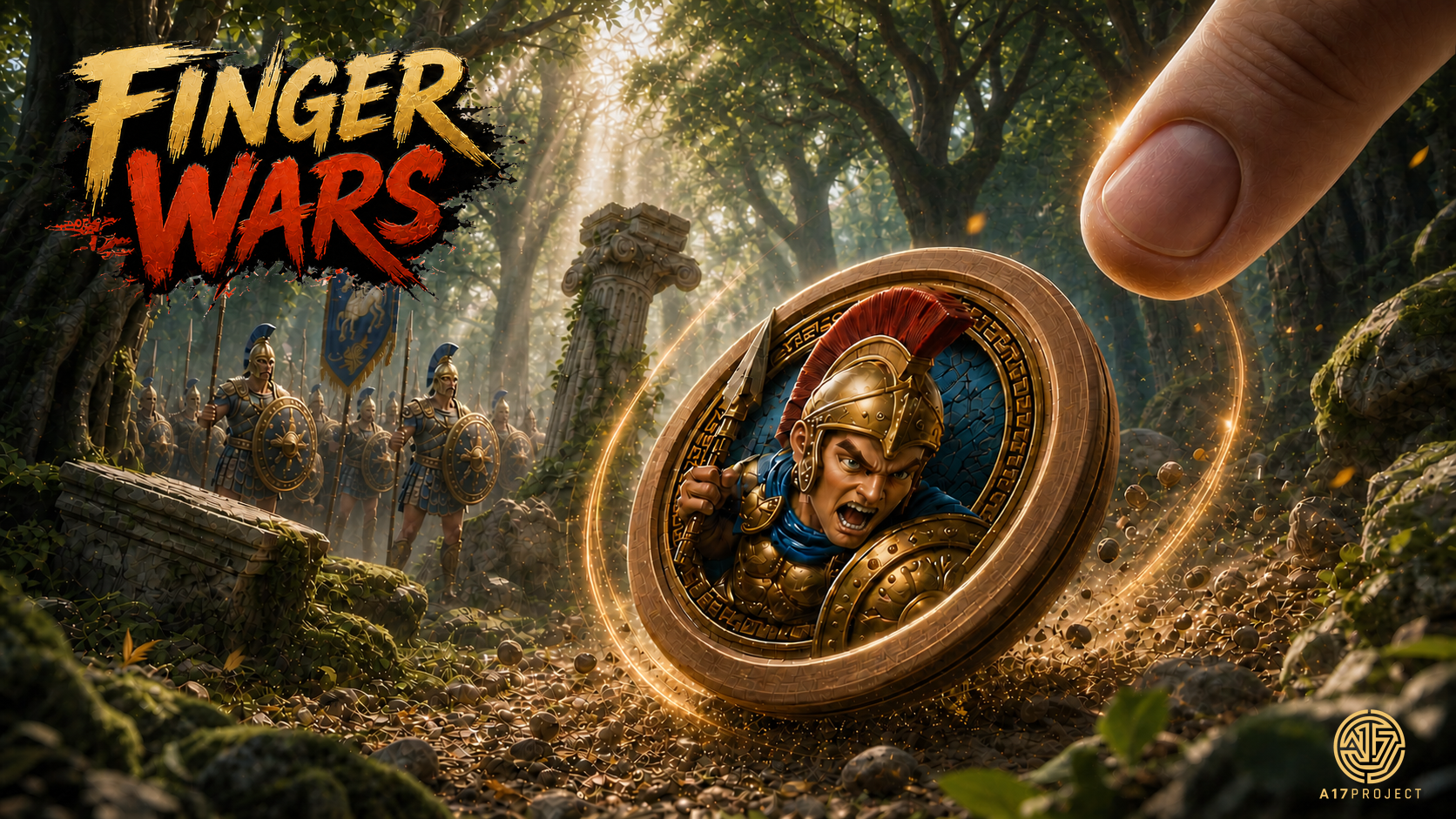 Finger Wars™ forest wallpaper with Achilles, the Achaean army and A17PROJECT™ emblem