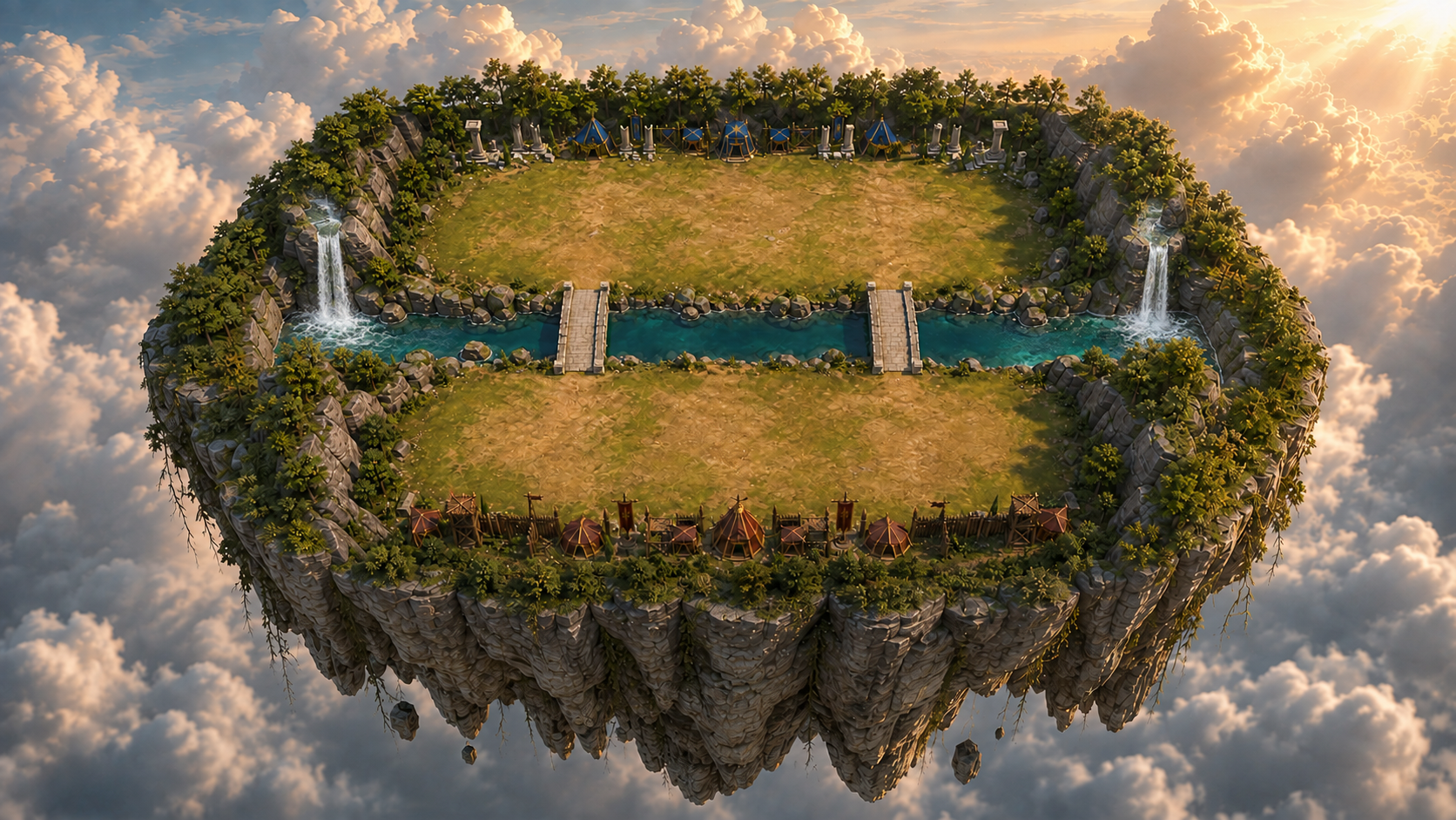 Mycenaean floating battlefield with a river and two bridges