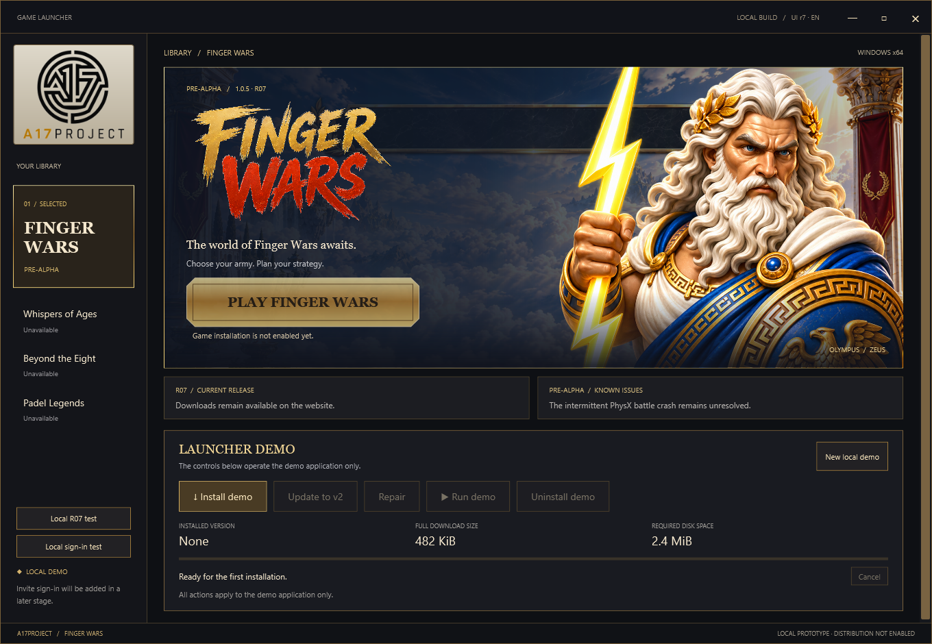 A17PROJECT™ Windows launcher preview with the Finger Wars™ library, Zeus artwork and gold game controls